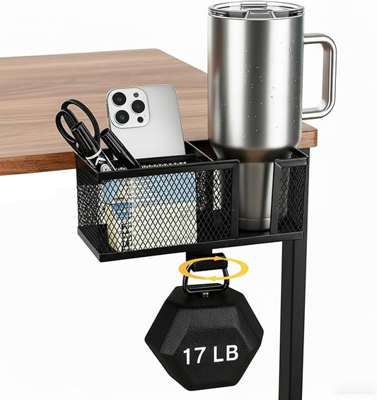 4 in 1 Metal Clip On Cup Holder Attachment for Gaming Desk or Table, Fits up to 40oz Cups, Sturdy and Easy to Clamp, Attachable Anti-Spill Cup Holder for Chair, Bedside, Bottles, Drinks - Black