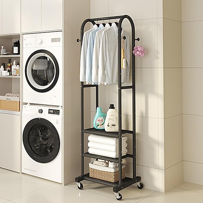 Dttwacoyh Narrow Hall Tree for Small Space, Small Coat Rack with Shoe Shelves, Tall Free Standing Metal Garment Rack on Wheels and Hanging Hooks for Entryway, Mud Room, Laundry Room – Black