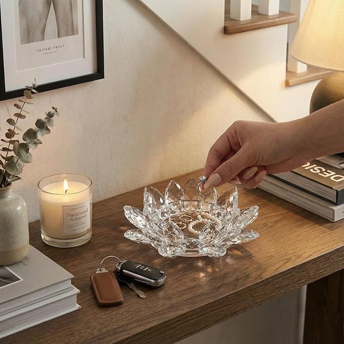 Crystal Flower Jewelry Tray, Transparent Decorative Trinket Dish for Rings, Earrings, Necklaces, Keys for Vanity Dresser Nightstand, Elegant Gift for Women Mother's Day (2, 6.3"(W) - Clear)