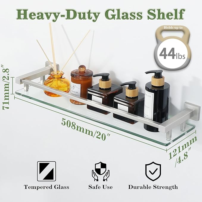 Alise Glass Shelf for Bathroom 20 inch, Brushed Nickel Glass Floating Shelves, Stainless Steel Glass Bathroom Shelves Wall Mounted