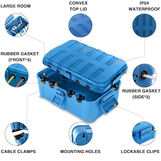 Flemoon Large Outdoor Electrical Box (12.5 x 8.5 x 5 inch), IP54 Waterproof Outdoor Extension Cord Cover Weatherproof, Protect Outlet, Plug, Socket, Timer, Power Strip, Holiday Light Decoration,Blue