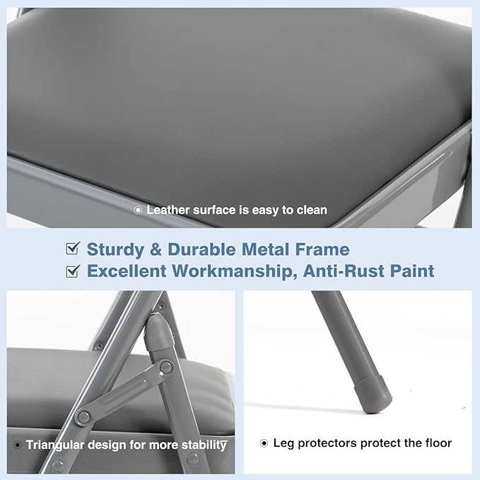 DUMOS 6 Pack Folding Chairs with Padded Cushion and Back - PU Leather Stackable Portable Dining Chairs Set, for Home and Office, Conference, Wedding, Party, Patio, Garden, for Indoor Outdoor, Grey