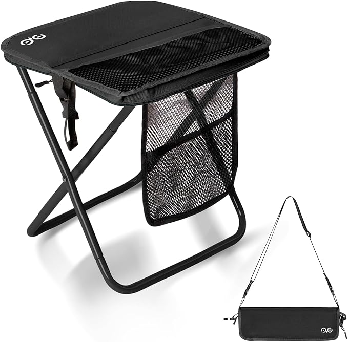 CAMDOOR Portable Collapsible Stool, 16″Folding Stool with 3 Side Pockets and Shoulder Strap, Extra Large Camping Chair Supports 400 lbs, Ultralight Portable Seat for Outdoor, Hiking, Fishing