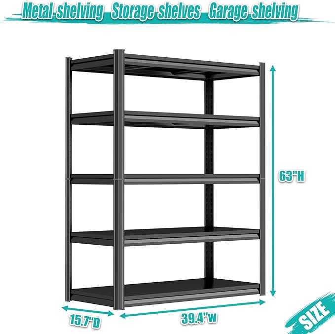 PRESTELION 63" H Garage Shelving 3500LBS Heavy Duty Storage Shelves 5 Tier Adjustable Metal Shelving Unit Garage Shelves for Warehouse Industrial Pantry Basement 63" H x 40" W x 16" D,Black