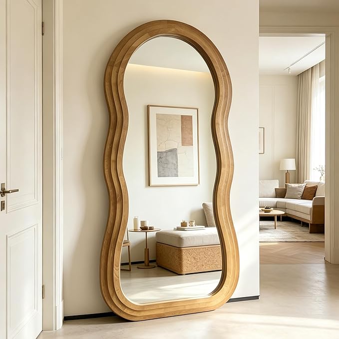 Wavy Full Length Mirror, 67"x31.5" Organic Floor Mirrors with Triple-Layer Solid Wood Frame, Large Irregular Aesthetic Mirror for Living Room Entryway Hallway Cloakroom, Leaning/Hanging