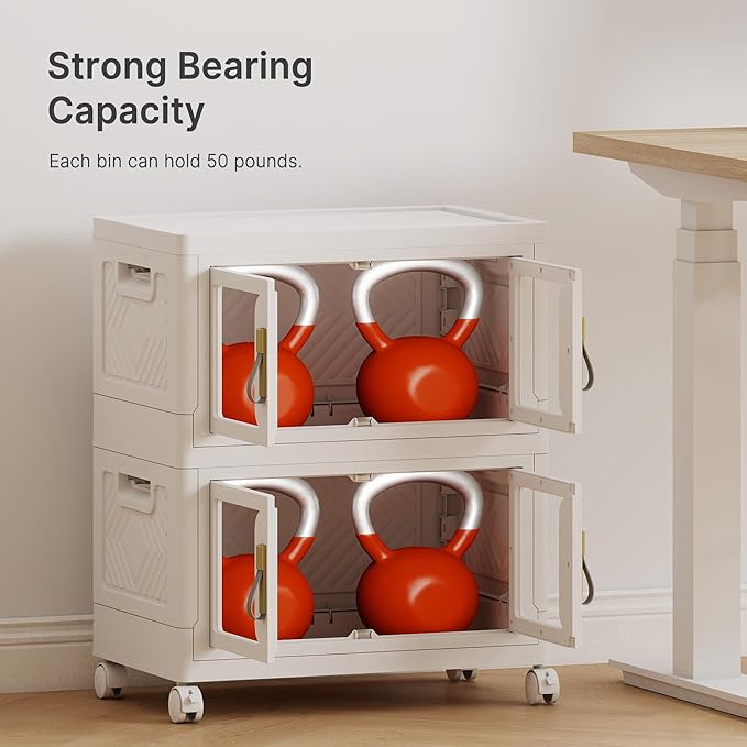 UAMFURI Stackable Storage Bins with Lids, Clear Doors, Large Storage Cabinet Foldable Collapsible Closet Organizers for Bedroom Dorm Office (2, White, 48, Quarts)