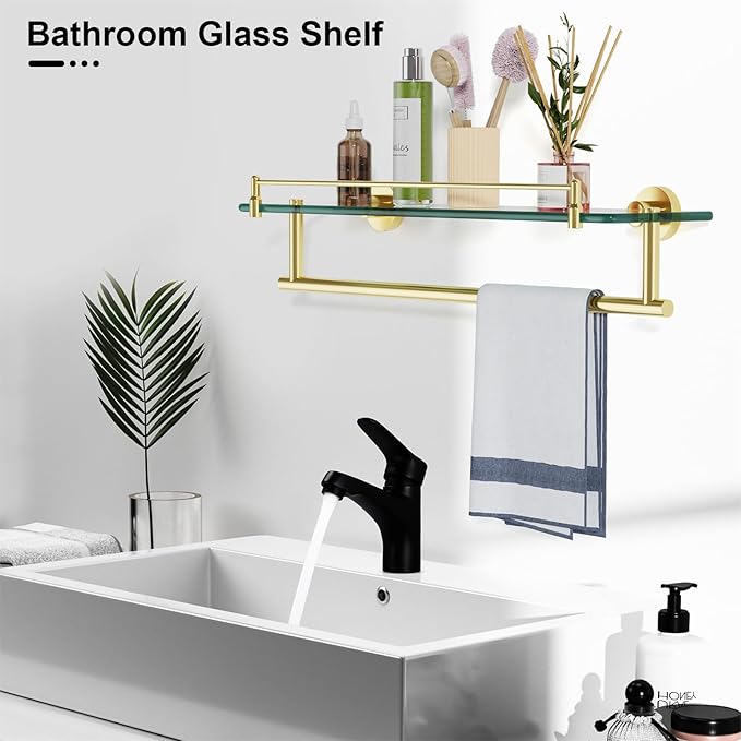 20 Inch Brushed Gold Bathroom Towel Rack with Tempered Glass Shelf, Wall Mounted Towel Holder Storage Organizer for Bathroom