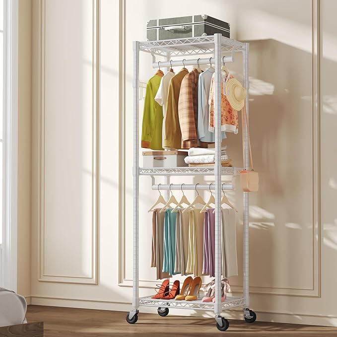 NEWBULIG Heavy Duty Adjustable Clothes Rack with Wheels, Adjustable Rolling Metal Freestanding Garment Closet Organizer with Double Rods & 2 Side Hooks for Hanging Clothes, 23" x 15" x 75", White