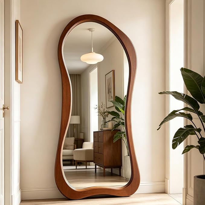 Large Irregular Mirror, 63"x30" Organic Floor Mirror with Solid Wood Frame, Asymmetrical Aesthetic Mirrors for Living Room Entryway Hallway Bedroom Cloakroom, Leaning/Wall-Mounted