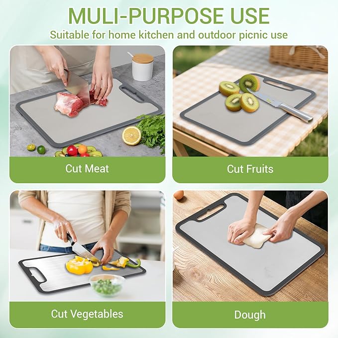 Titanium Cutting Boards for Kitchen & Camping,Metal Cutting Board,Silicone Edge for Non-Slip & Non-Cut,Built-in Handle,Long Lasting,Stain Resistant,Rust Resistant, Small(11.41''×7.87'')