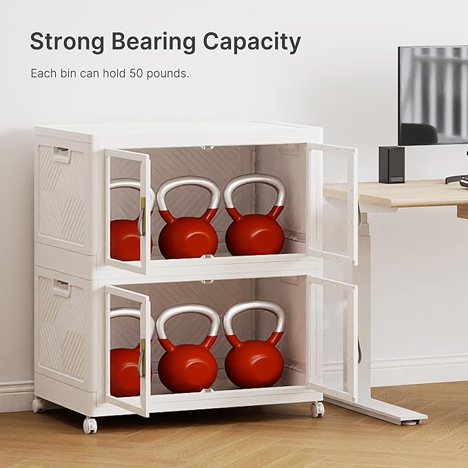 UAMFURI Stackable Storage Bins with Lids, Clear Doors, Large Storage Cabinet Foldable Collapsible Closet Organizers for Bedroom Dorm Office (2, White, 160, Quarts)