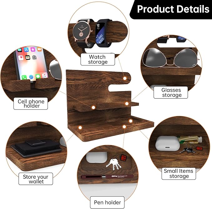 Gifts for Men Wood Phone Docking Station Birthday Gift for Men Valentines Day Gifts Father Gift for Him Boyfriend Nightstand Organizer Desktop Phone Stand