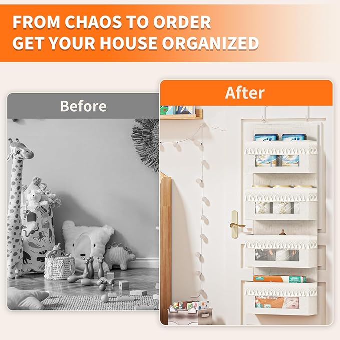 Aokeyee 4 Tier Over The Door Organizer Storage Nursery, Boho Door Organizer Hanging with Tassels and Clear Window, 55lb Behind The Door Storage for Baby Nursery, Bedroom, Bathroom