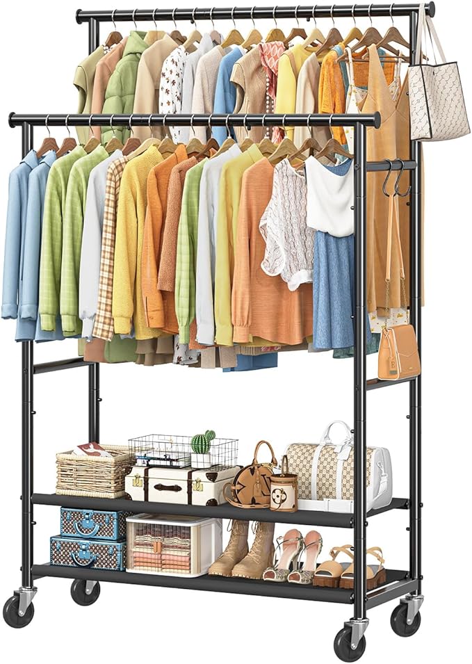 Ekisemio Double Rods Clothes Rack for Hanging Clothes, Rolling Clothing Rack with Wheels, 2-Tier Hanging Rack with Mesh Shelves, Holds 300 LBS for Bedroom, Laundry, Living Room, Black