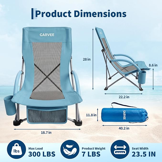 Garvee High Beach Chair 2 Pack, Folding Portable Beach Chairs for Adults, Lightweight Extra Wide Seat Chair with Cup Holder, Storage Pocket & Carry Bag for Camping, Beach, Travel