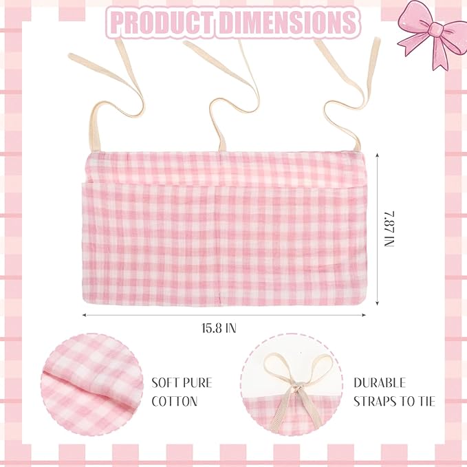 Gingham Crib Organizer Hanging Cotton Baby Bedside Hanging Storage Bag Storage Crib Organizer Baby Nappy(Pink)