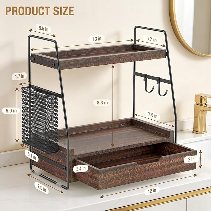 2-Tier Bathroom Counter Organizer with Drawer and Removable Basket, Wood Vanity Countertop Storage for Perfume, Makeup, Skincare, Bathroom Counter Shelf, Moisture-Resistant, Dark Brown