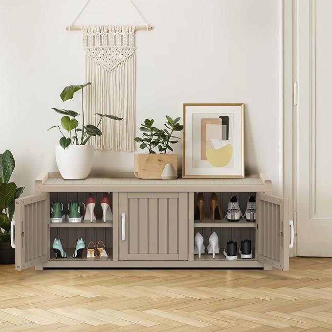 DRATO Outdoor Shoe Storage Cabinet, Shoe Bench with Storage, Waterproof Resin Large Shoe Cabinet with Doors for Outdoor Indoor Entryway Hallway Bedroom (Gray, 3 Doors)