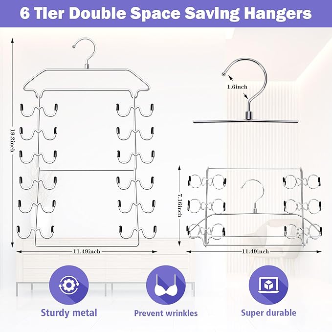 Tank Top Hanger,6 Tier Double Space Saving Bra Hangers, Closet Organizers and Storage,Dorm Room Essentials for Girls,Hanging Closet Organizer for Camisoles Sports Bras Strappy Dress Swimsuits Ties