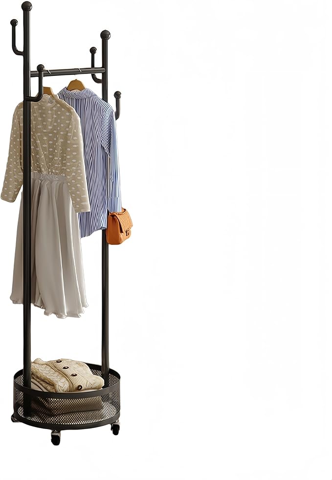 Rolling Coat Rack with Wheels, Freestanding Garment Rack with 6 Hooks & Mesh Storage Basket, Portable Clothing Rack Stand for Entryway, Bedroom, Closet(Black)