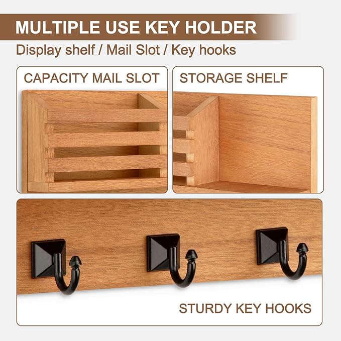Key Holder Wall Mount, Mail Organizer for Wall with 5 Square Rustic Key Hooks Key Shelf Farmhouse Home Decor for Entryway