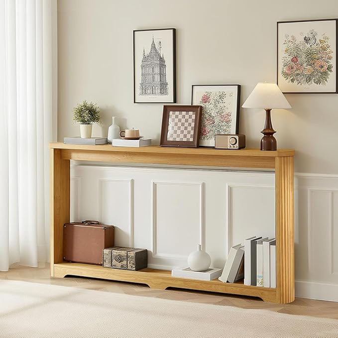 70" Extra Long Narrow Console Table, Fluted-Side Sofa Table with Open Shelf, Entryway/Hallway/Living Room Console – Natural