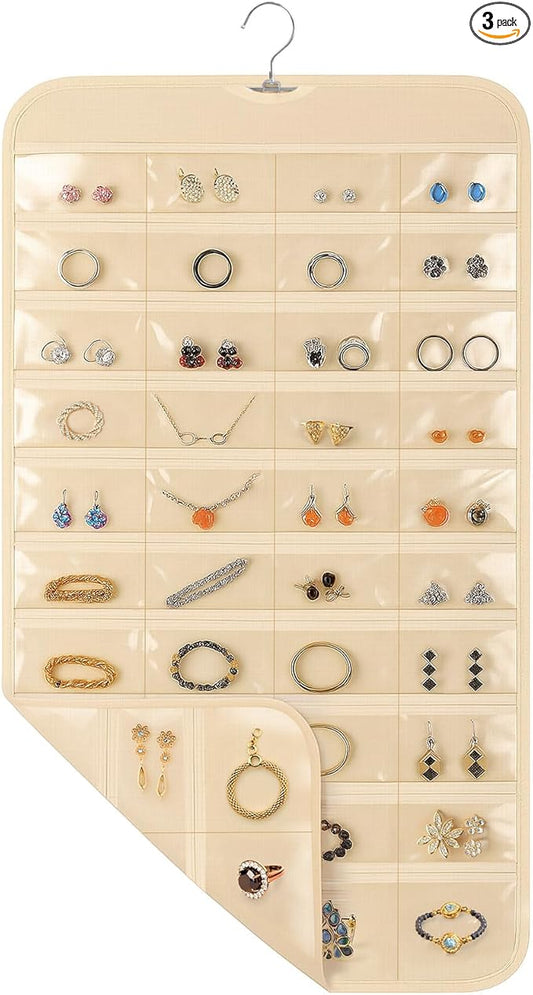 3 Pack Hanging Jewelry Organizer, 80 Clear Pockets earring organizer and storage, Accessories holder organizer for Closet, Jewelries, Necklace, Travel
