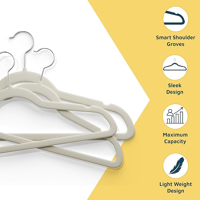 Lifemaster Velvet Clothes Hangers – With 360 Degree Swivel Hook and Non-Slip Shoulder Notch, Holds Up To 10 lbs, Heavy Duty Hanger Set, For Organizing Suit, Dress, Coat, and Clothes, Pack of 10, Ivory