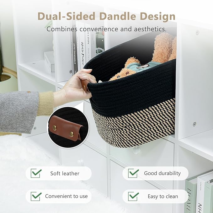 ECDYQXVU Cotton Rope Basket, Storage Baskets with Handle, 15x10x9 Inch Woven Basket for Shelves, Laundry, Towels, Clothes, Books, (Black Brown 3 Pack)