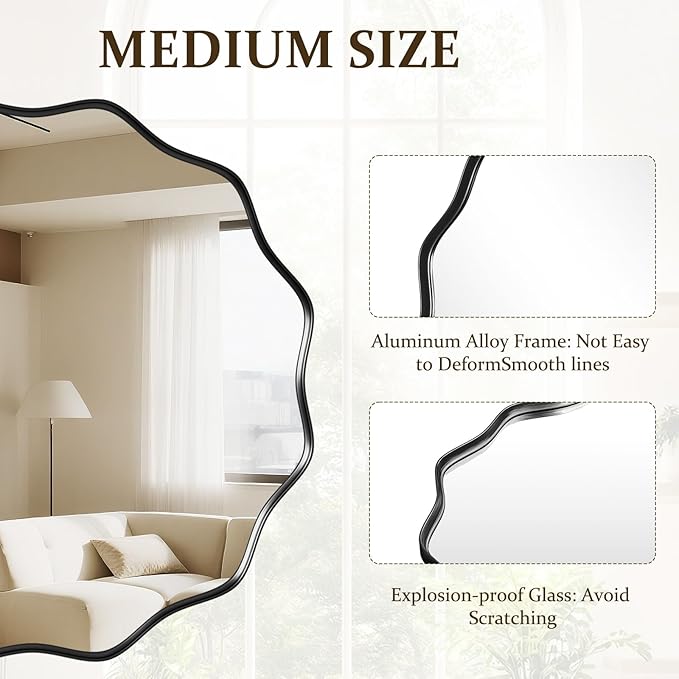 Round Wavy Mirror - 30 Inch Metal Frame Round Mirrors Wavy Edge Circle Mirror for Bathroom Bedroom Living Room Entryway Black