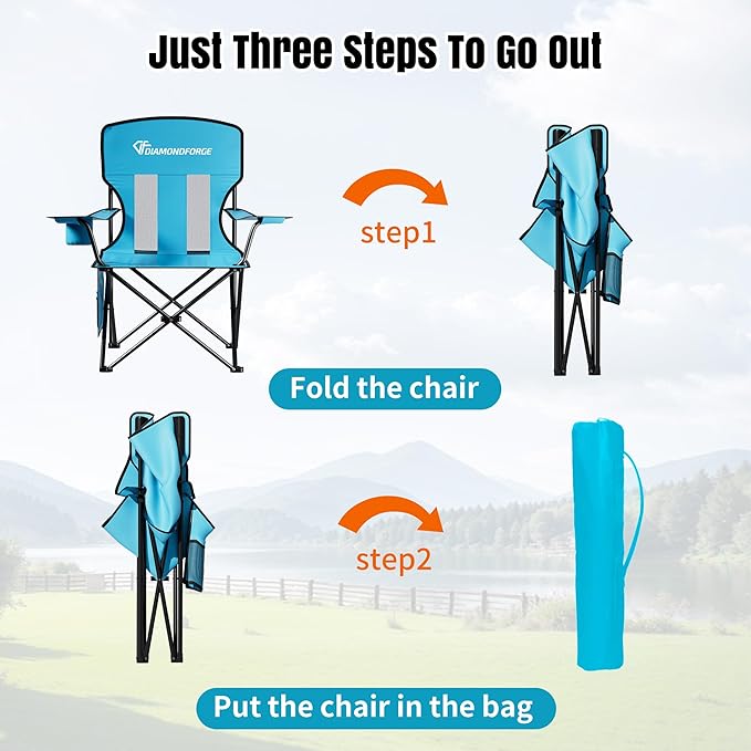 Camping Chairs, High Back Breathable Mesh Camping Chair 300 LBS Capacity, Portable Outdoor Lawn Chairs Folding with Cup Holder for Picnic, Lawn, Beach, Fishing and Sports (Blue)