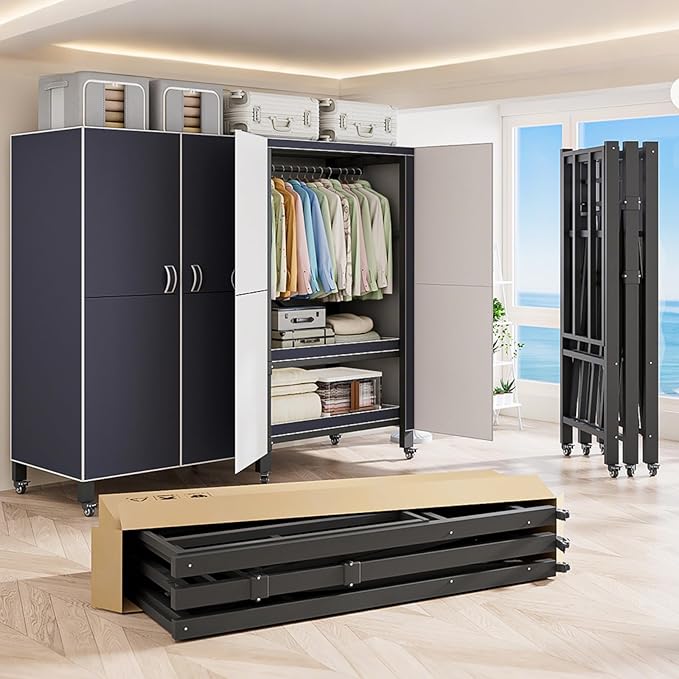 Heavy Duty Covered Clothes Rack with Magnetic Door Foldable Portable Wardrobe Closet for Hanging Clothing Rolling Black Metal Garment Rack on Wheels Closet System (Navy Blue, 66.2in)
