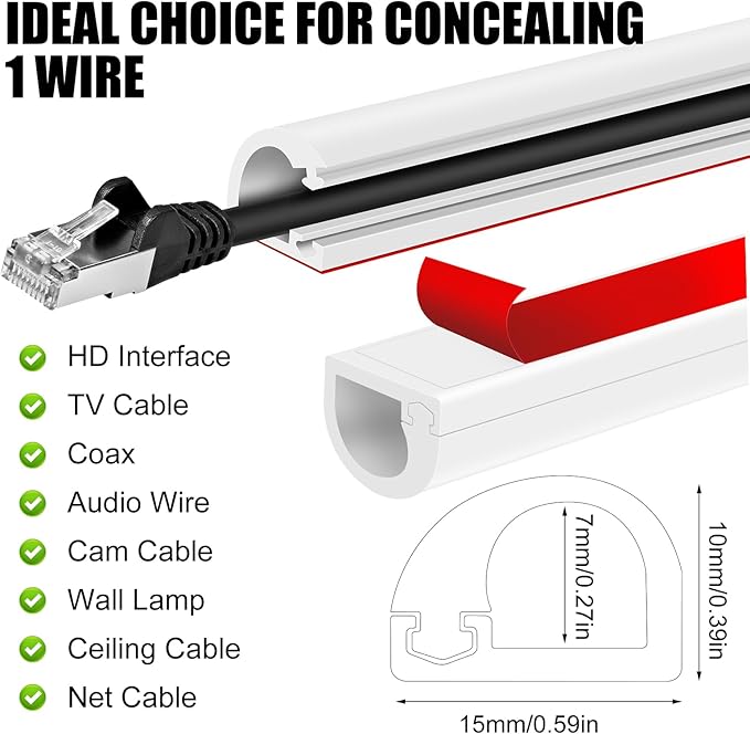 Self-Adhesive Cable Hider, Flexible Wire Cover Cable Raceway for Wires, Wall Mount TV, Home Audio, Network, Power, and Phone Line Managemen (Black, 118inch)