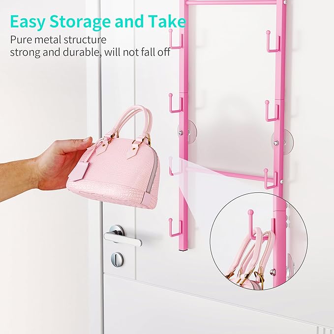 HapiRm Over the Door Purse Organizer - Wall Mounted Purse Rack with 10 Hooks and Metal Basket, Hanging Handbag Organizer Holds up to 10 Bags, Bag Rack Can Use As 1/2 Part, for Door, Closet (Pink)