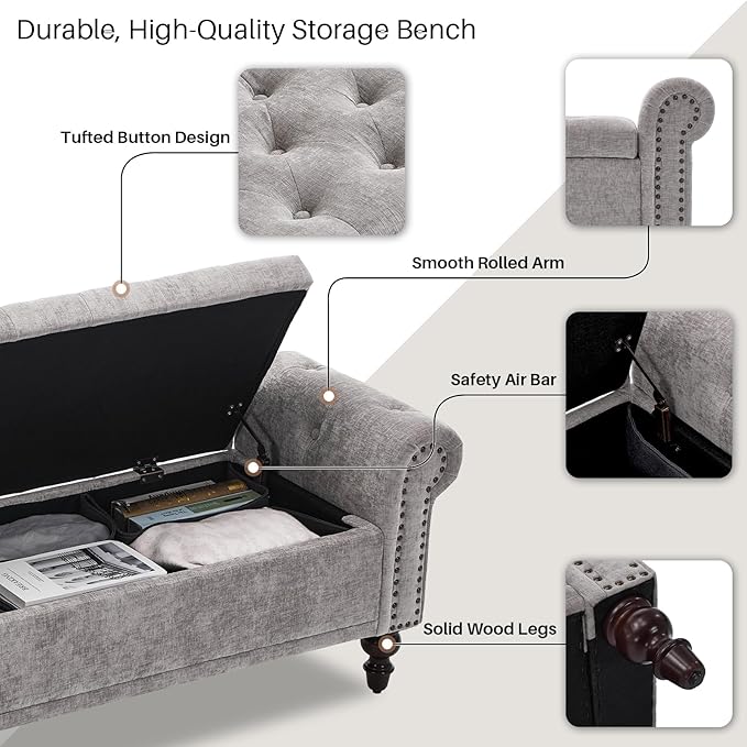SOFTHION Storage Bench for Bedroom, 67" End of Bed Bench King Size, Upholstered Chenille Storage Ottoman with Tufted Cushioned Rolled Arm Large Storage Space for Living Room Entryway, Light Grey