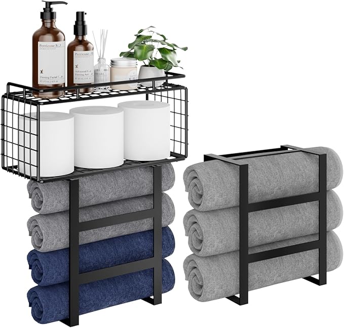 Vatex Towel Racks for Bathroom Wall Mounted, 4-Tier Bathroom Towel Rack with Shelf and Basket, Hold 6 Large Rolled Towels, 32-Inch Heavy Duty Towel Storage for Bathroom, RV, Black