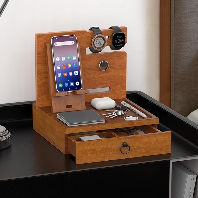 upcessory Nightstand Organizer, Wood Bedside Organizer Docking Station, Gifts for Men, Nightstand Drawer Organizer for Cellphone, Watch, Sunglasses & Accessorie