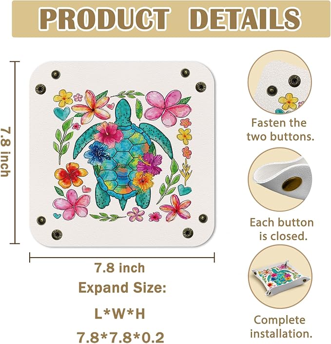 Sea Turtle Gifts Jewelry Valet Tray for Women, Coastal Sea Turtle Floral PU Leather Catchall Beside Caddy Nightstand Organizer Tray for Jewelry Rings Watches Keys and Accessories, 7.87x7.87in
