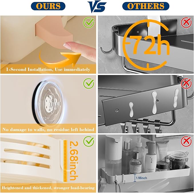 Corner Shower Caddy Suction Cup, No-Drilling Hanging Shower Shelves with Hooks, Waterproof & Rustproof Removable Shower Organizer for Bathroom Storage