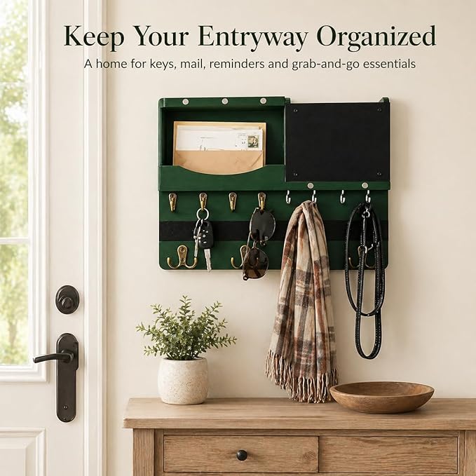 Key Holder for Wall Mount with Shelf and Mail Organizer, Key and Mail Holder with 16 Hooks, Farmhouse Entryway Organizer, Home Decor Rack (Pine Wood,Green)