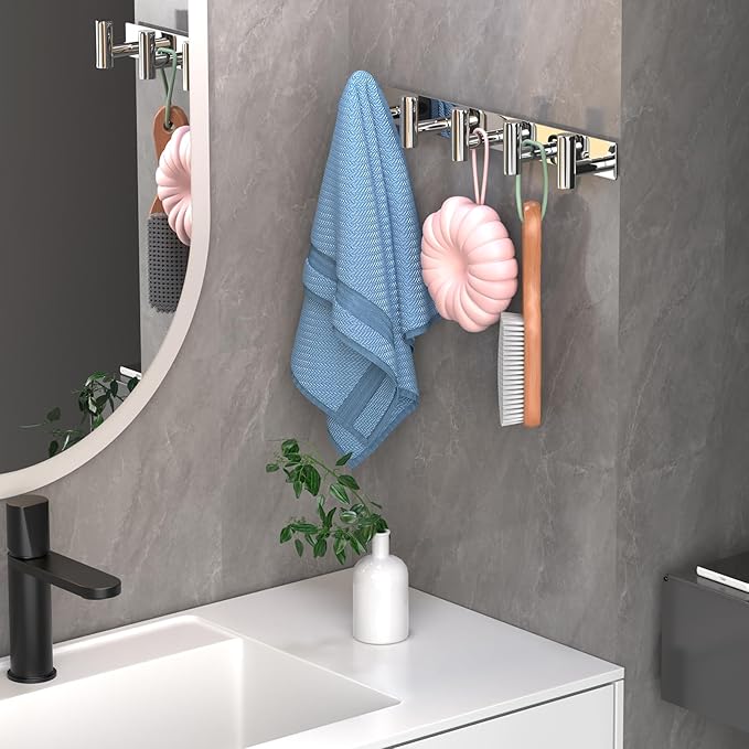 Wall Mounted Coat Rack-5 Hooks, Heavy Duty Stainless Steel Wall Hooks for Towel Coat Bag, Hat Rack Hanger Coat Hooks Towel Racks for Bathroom Entryway Kitchen Hotel (Glossy Chrome, 1 Pack)
