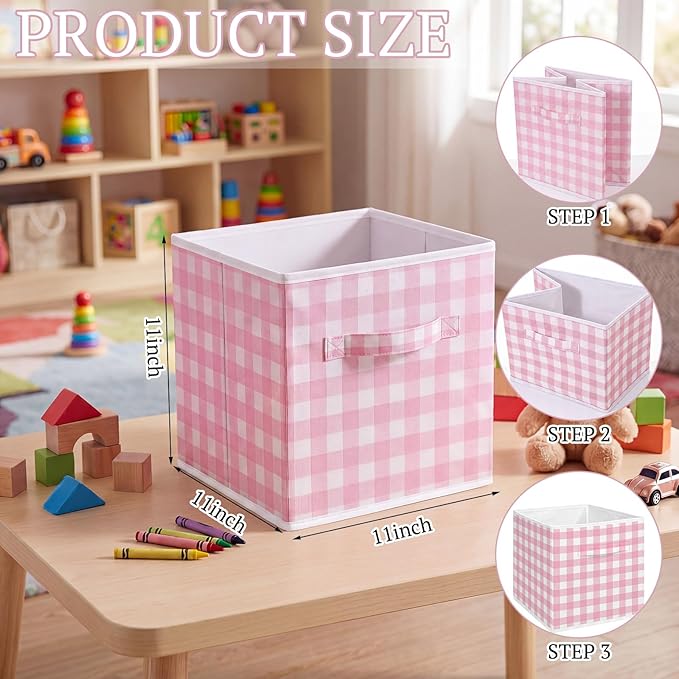 Yalikop 6 Pcs Pink Checkered Cube Storage Bins, 11 Inch Fabric Gingham Classroom Storage Bins Organizer with Handle Preppy Collapsible Cubby Basket for Classroom Home Nursery Playroom Bedroom