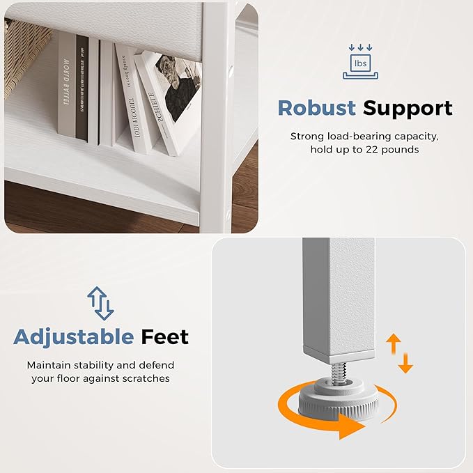 DUMOS 3-Tier Storage, Bed Side Tables with Wireless Charging Station, End Tables with Adjustable Fabric Drawers, Nightstand Set of 2, Modern Design, White