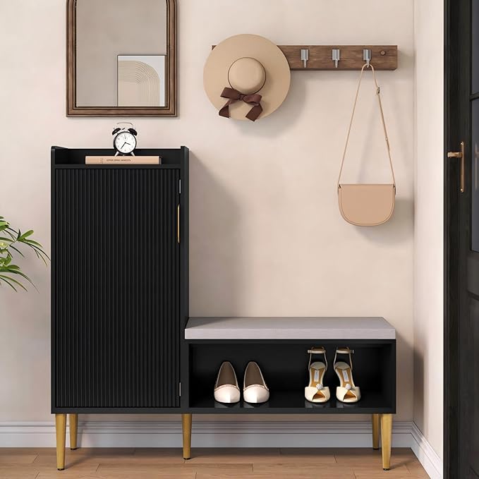 Storage Bench with Fluted Door&Shelf, Modern Entryway Bench with Padded Seat, L-Shaped Shoe Organizer Cabinet for Hallway, Living Room, Office, Black