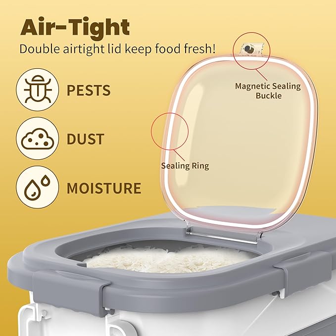 HOYTAMDA18-25lbs Rice Container,Collapsible Airtight Food Storage Containers with Wheels,Handle,Rice Storage Container with Small Bin and Scoop,Rice Dispenser for Flour Sugar Cereal Grain Dog Cat