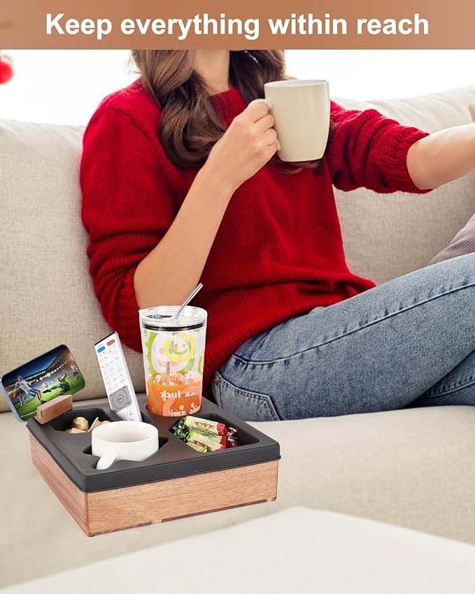 Couch Cup Holder Tray, Silicone Acacia Wooden Couch Caddy with Cup Holder for Snacks, Drinks, Remotes, Waterproof Cup Holder for Couch, Organizer, Movie Night Snack Trays