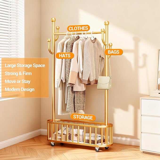 Takywep Rolling Clothing Rack with Wheels and Basket Storage – Metal Moveable Garment Rack, Heavy-Duty Coat Rack for Hanging Clothes, Bedroom, Boutique, Laundry Room
