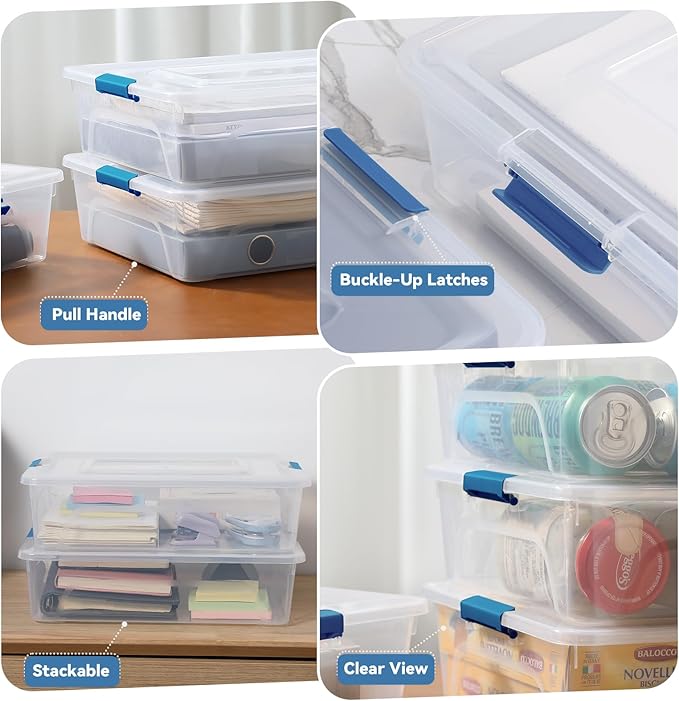 novelinks Clear Plastic Storage Bins with lids, Stackable Storage Containers, Durable Craft Storage Boxes, Organization Containers for Home Office (10 Quart 4 Pack Blue)