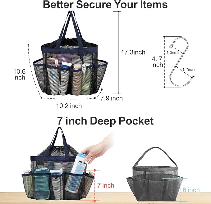 F-color Mesh Shower Caddy Portable with Drawstring - Large 8 Pockets Dorm Room Essentials for Guys Girls with S Hook, Shower Bag Basket Tote for College Camping Gym Travel Toiletry Bathroom, Dark Blue
