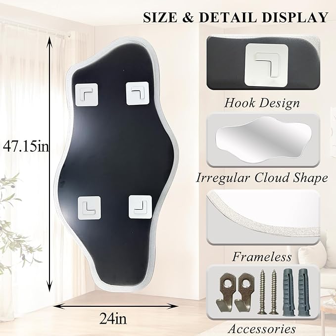 Irregular Wall Mirror, 47.2"x24" Silver Asymmetrical Tempered Glass Mirror, Modern Organic Shaped Frameless Mirrors for Living Room Bedroom Hallway Entryway, Horizontal or Vertical Hanging